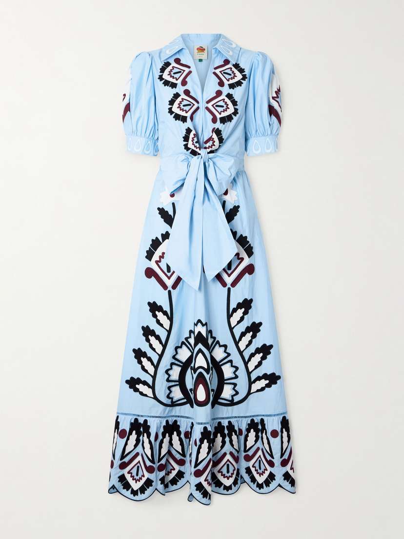 Farm Rio Tie-front Scalloped Appliquéd Cotton-poplin Maxi Dress