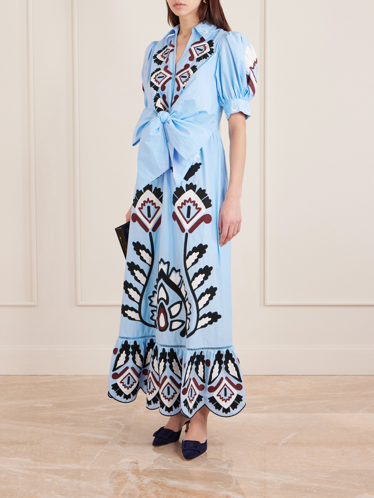 Farm Rio Blue Artisanal Embroidered Lace Front Bow Maxi Dress In Gray