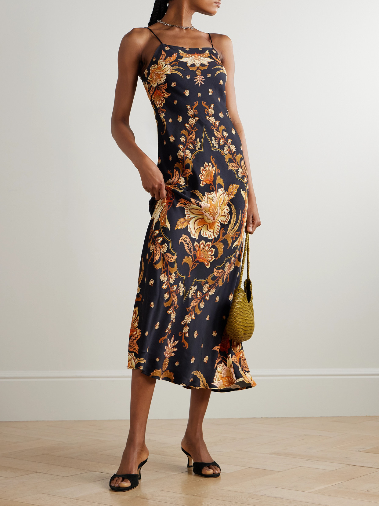 Farm Rio Black Majestic Garden Lenzing Ecovero Viscose Slip Maxi Dress In Multi