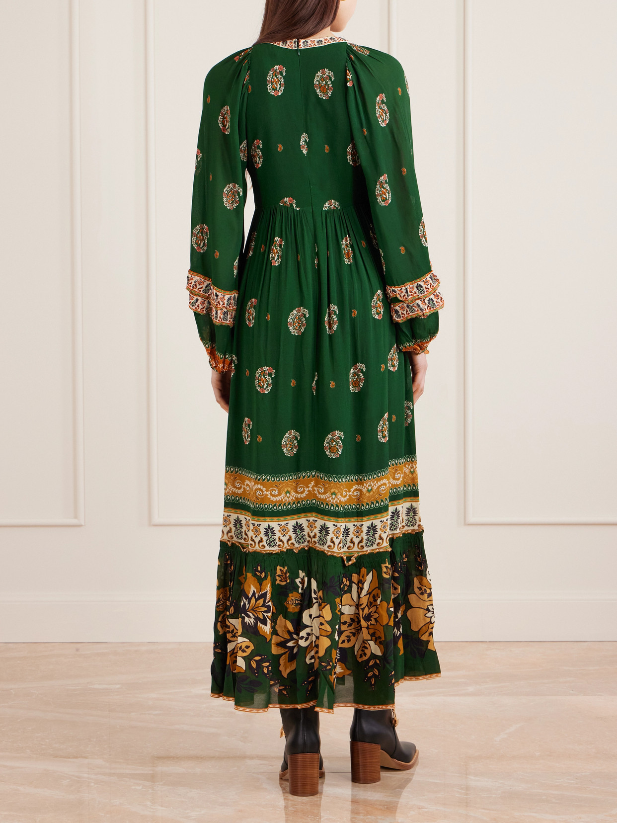 Farm Rio Ayla Ruffled Printed Chiffon Maxi Dress In Green