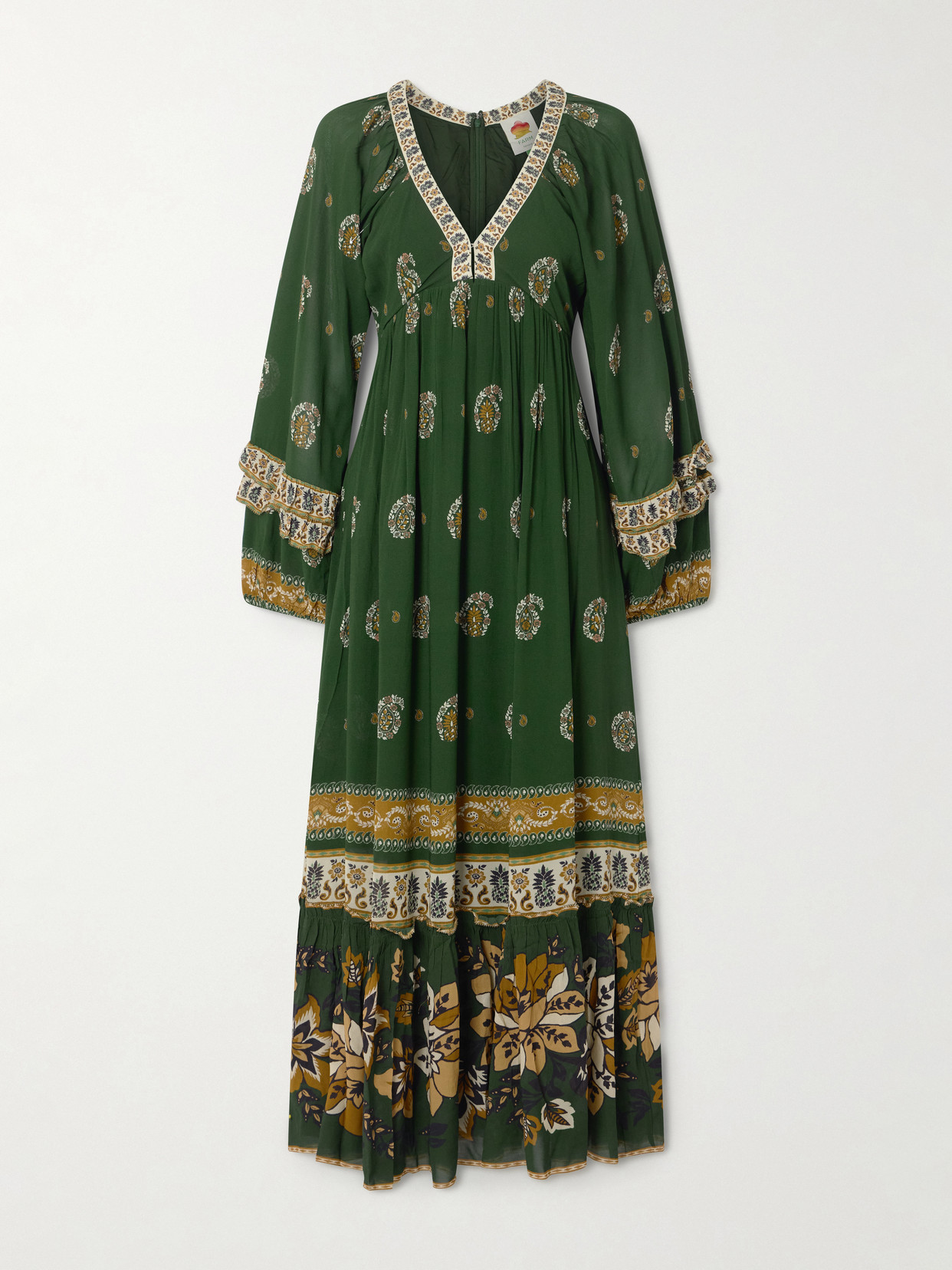 Farm Rio Ayla Ruffled Printed Chiffon Maxi Dress In Green