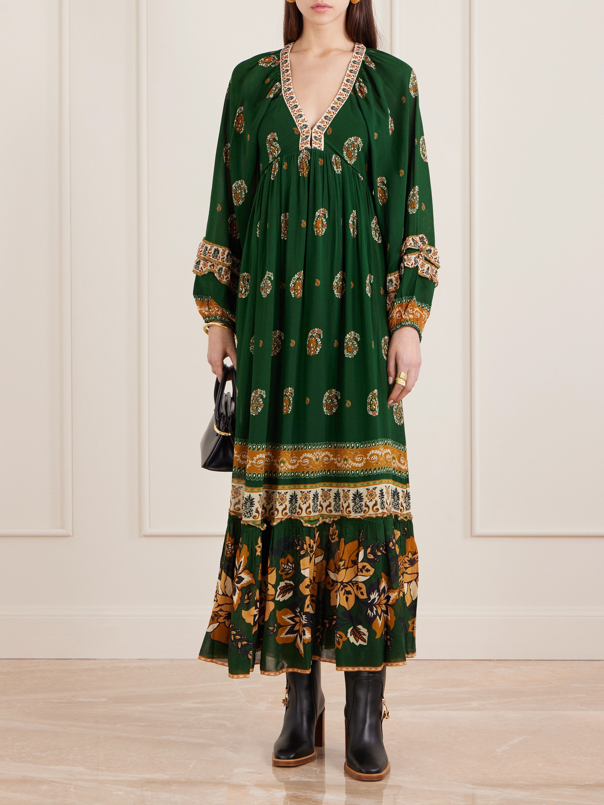 Farm Rio Ayla Ruffled Printed Chiffon Maxi Dress In Green