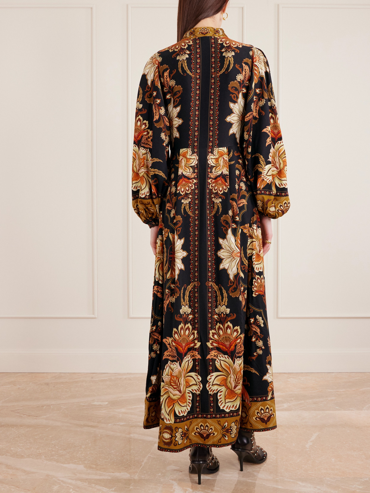 Farm Rio Black Majestic Garden Buttoned Puff Sleeve Maxi Dress In Brown