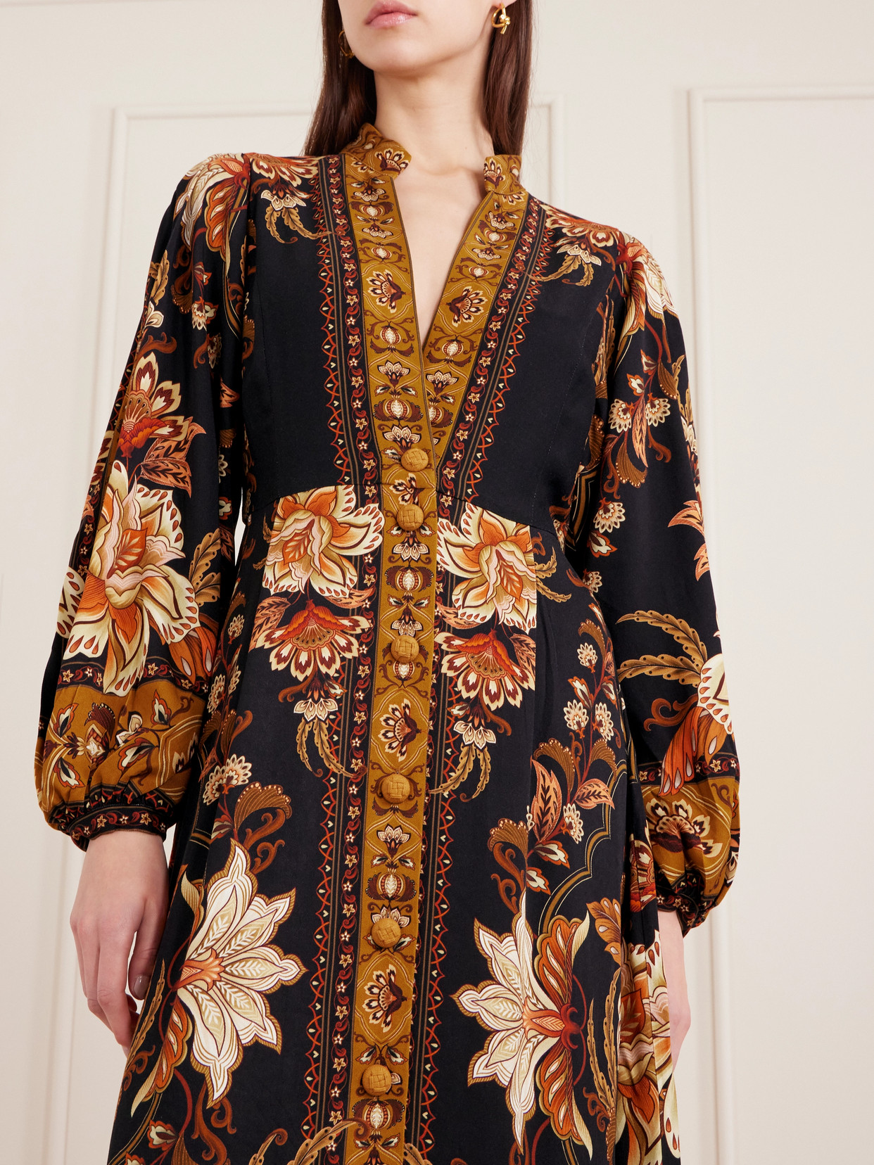 Farm Rio Black Majestic Garden Buttoned Puff Sleeve Maxi Dress In Brown