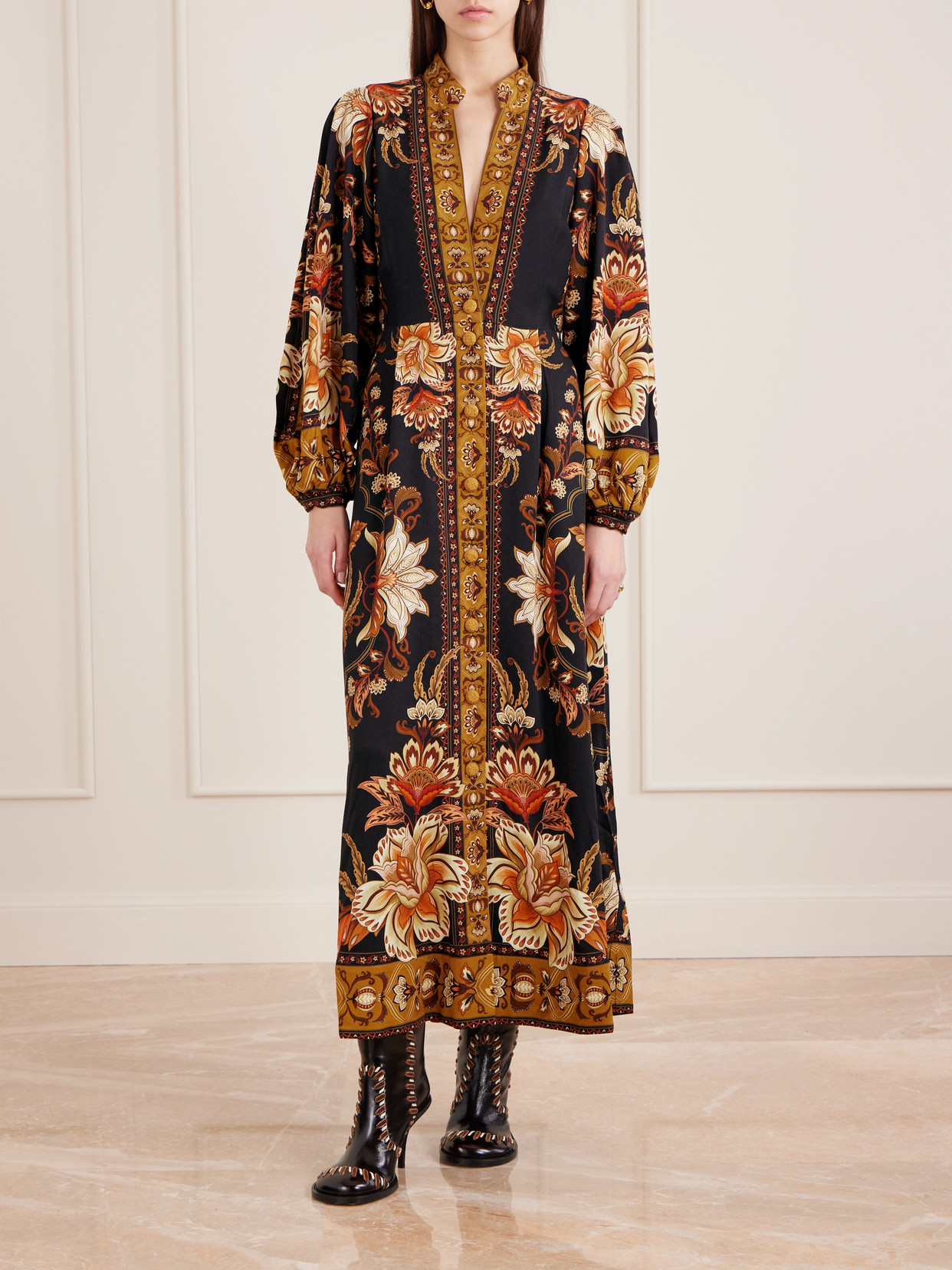 Farm Rio Black Majestic Garden Buttoned Puff Sleeve Maxi Dress In Brown