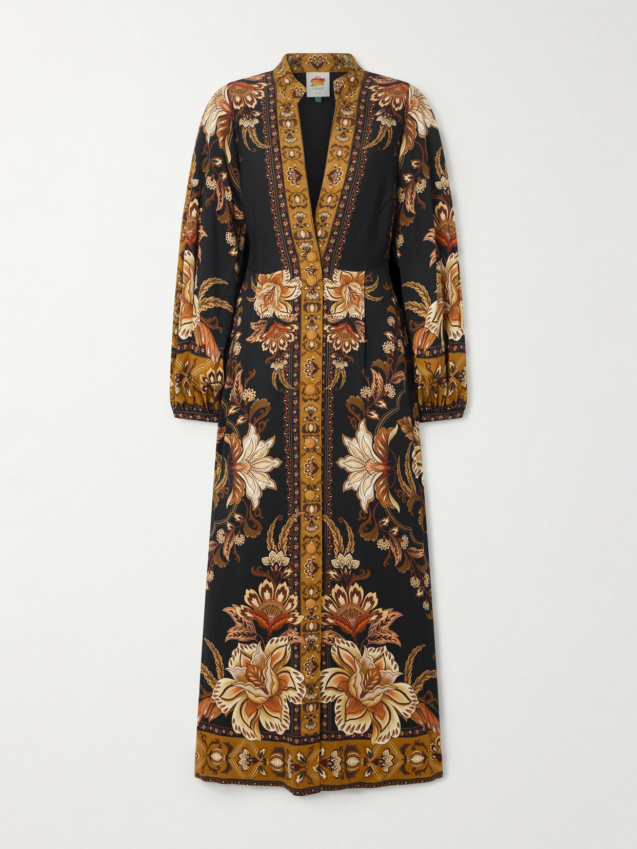 Farm Rio Majestic Garden Pleated Floral-print Twill Maxi Dress In Black