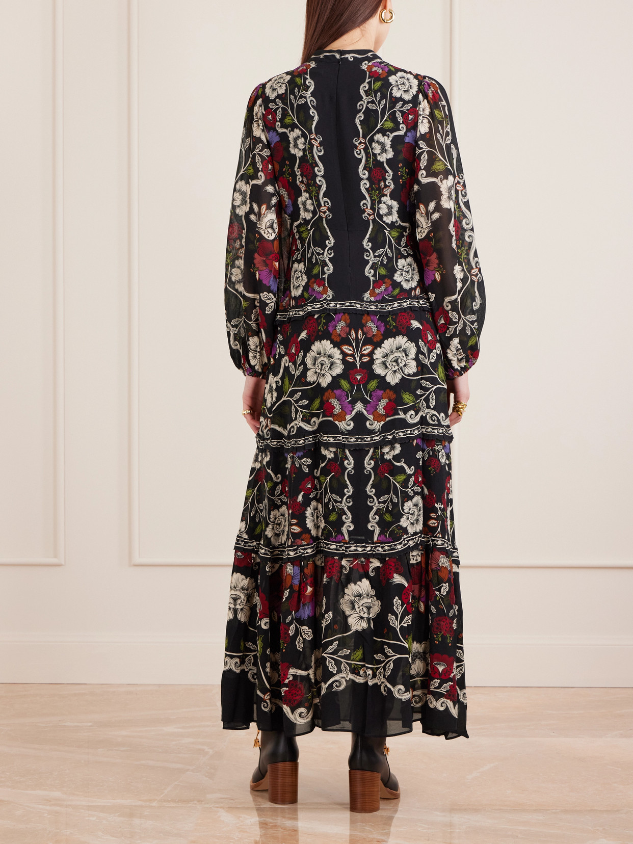 Farm Rio Floral-print Chiffon Maxi Dress In Black