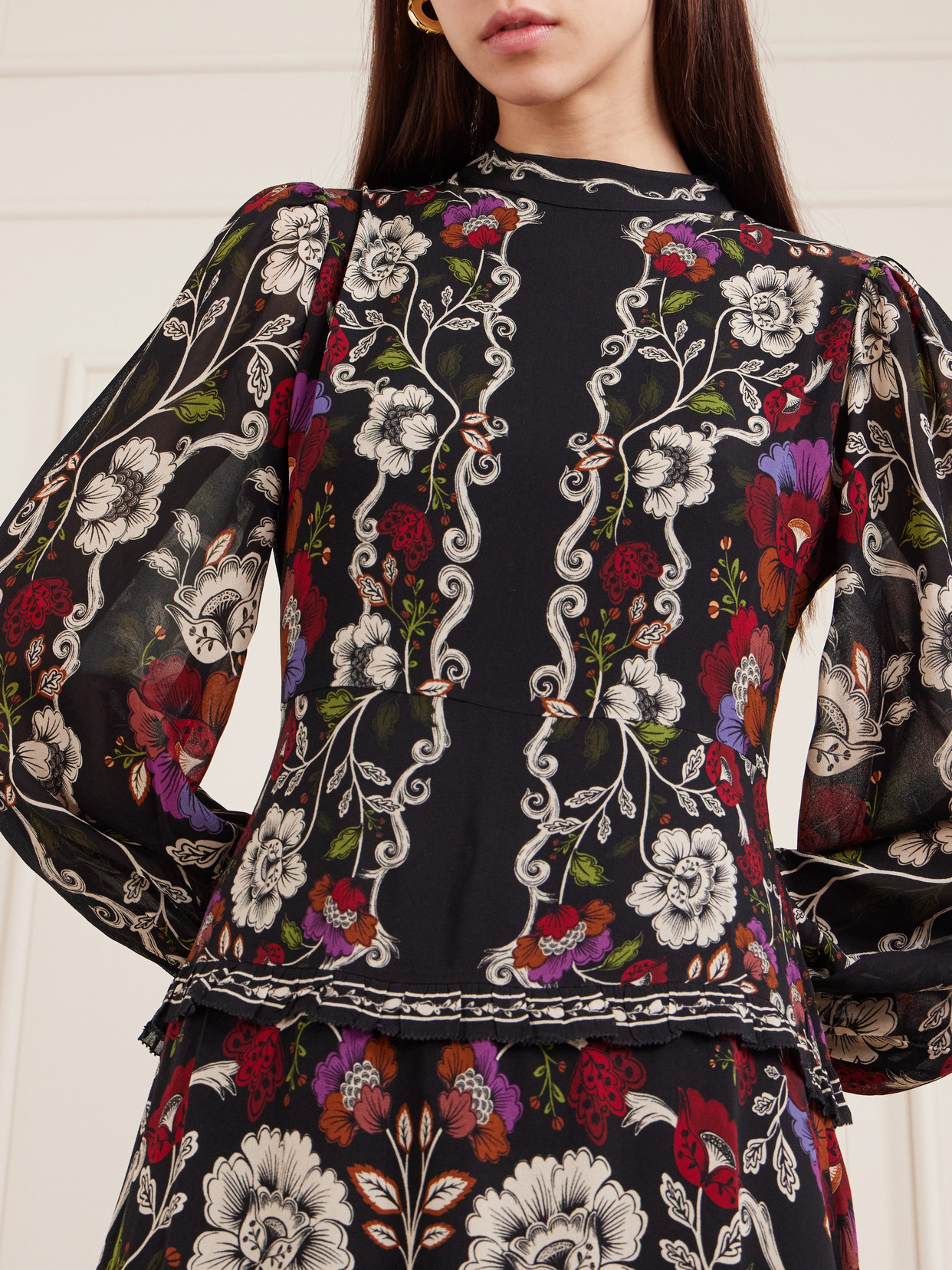 Farm Rio Floral-print Chiffon Maxi Dress In Black