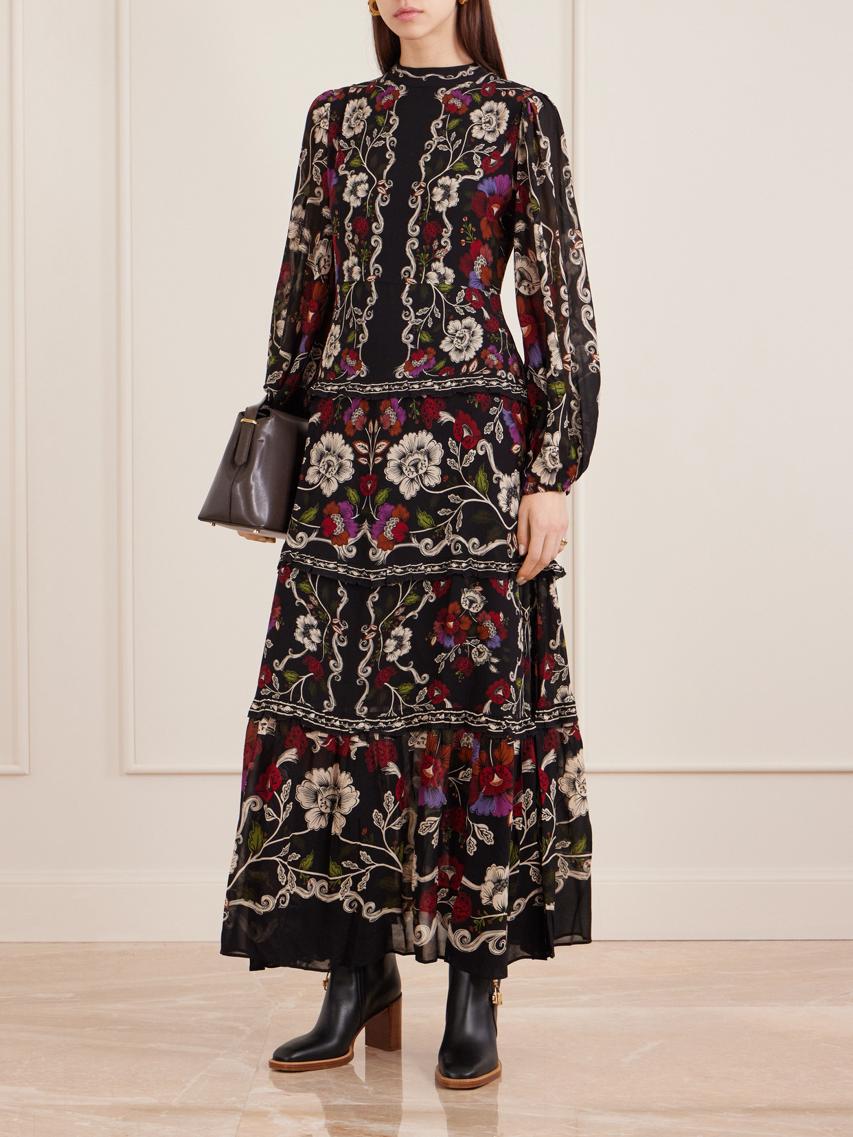 Farm Rio Floral-print Chiffon Maxi Dress In Black