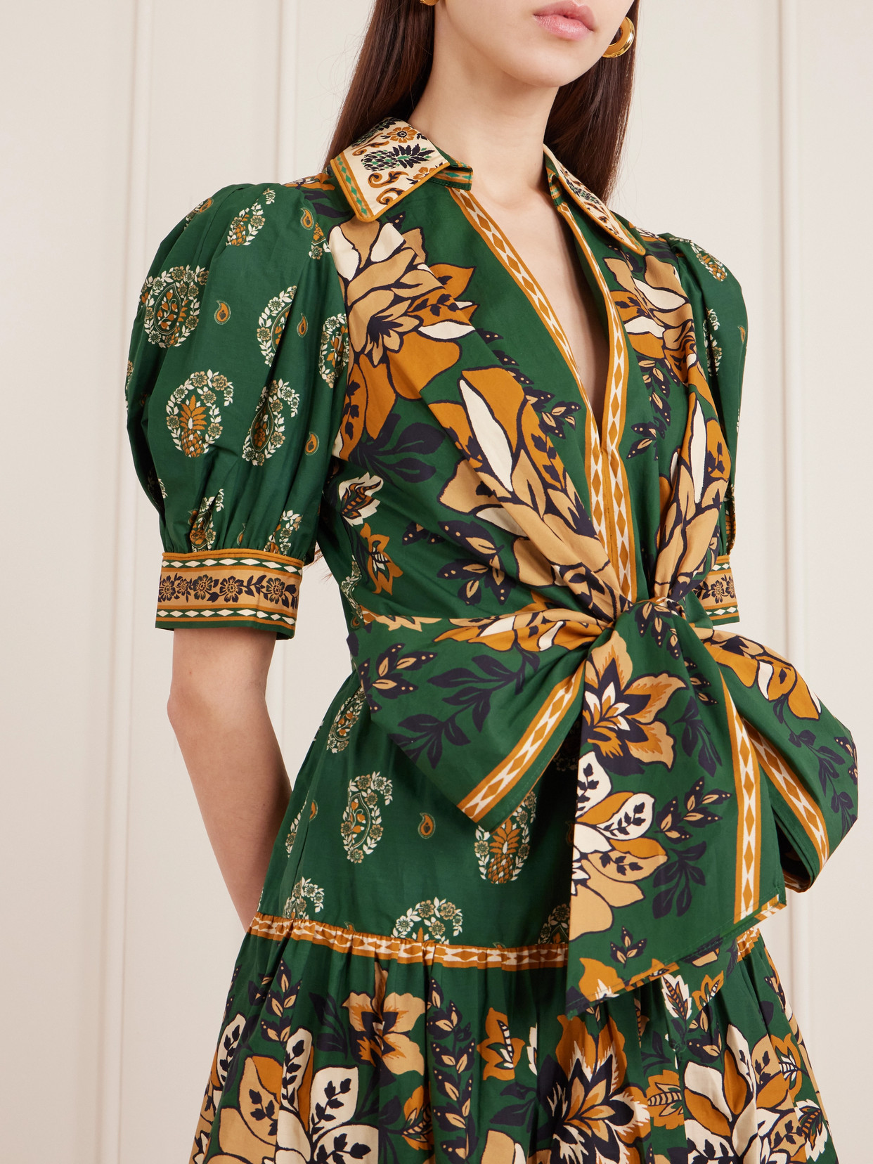 Farm Rio Ayla Tie-front Floral-print Cotton-poplin Mini Dress In Green