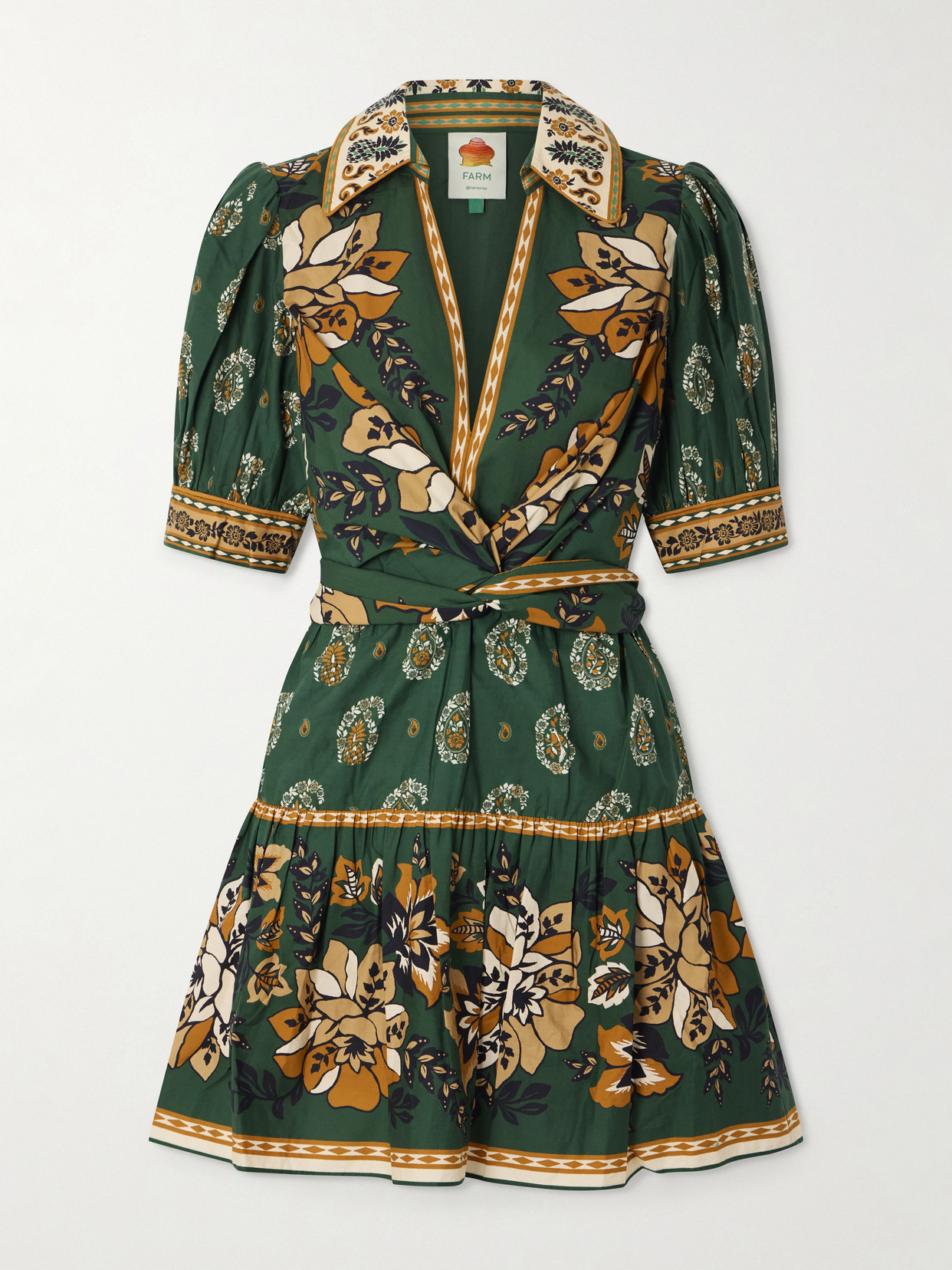 Farm Rio Ayla Tie-front Floral-print Cotton-poplin Mini Dress In Green