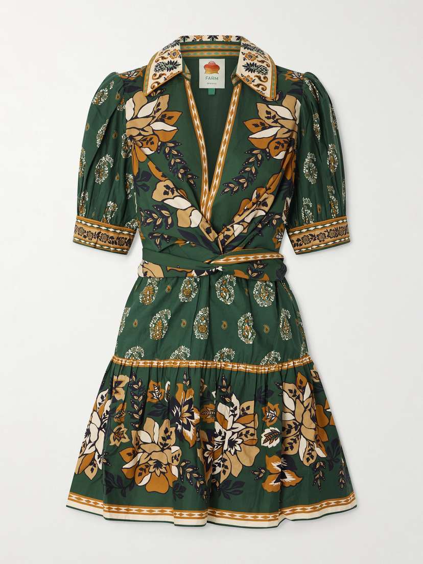 Farm Rio Ayla Tie-front Floral-print Cotton-poplin Mini Dress
