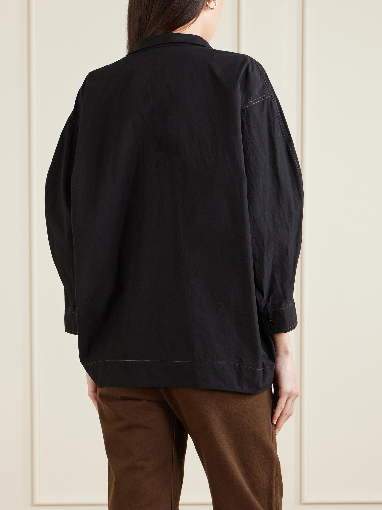 Scarf-Detailed Embellished Crinkled Cotton-Crepe Blouse