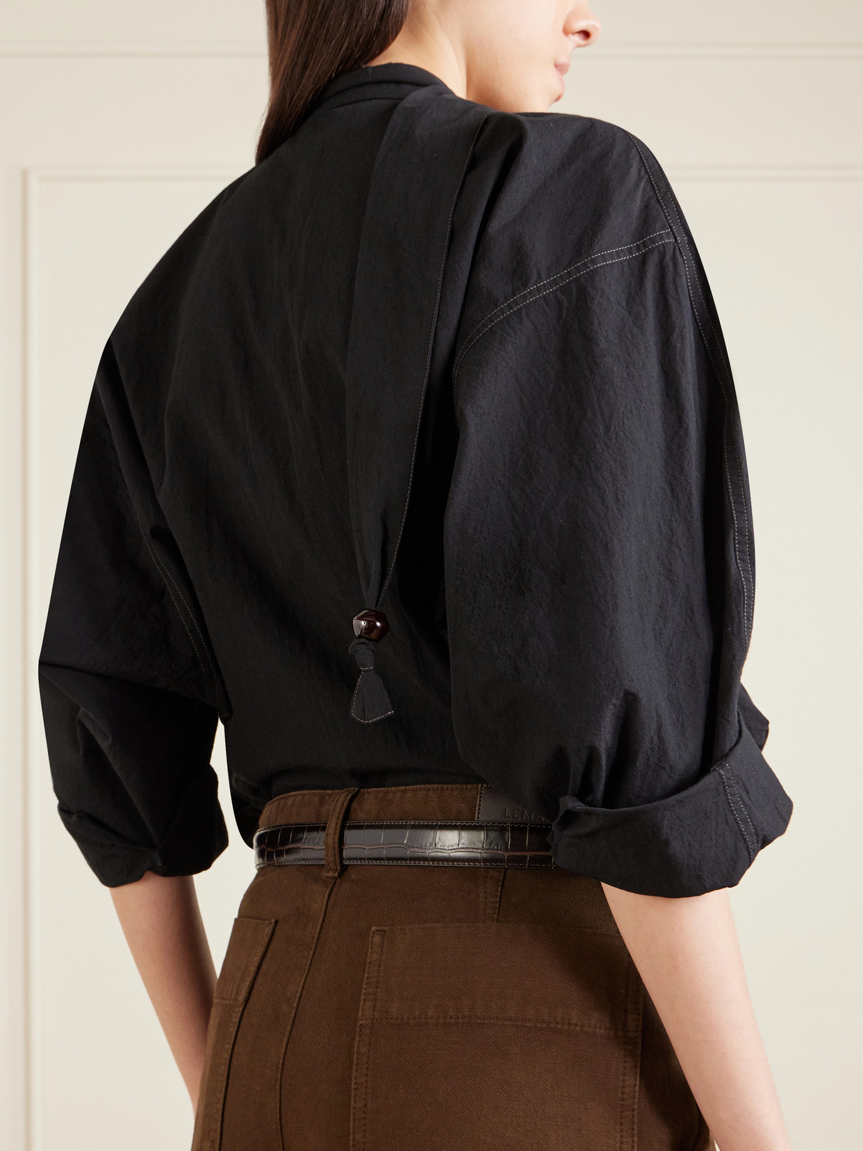 Scarf-Detailed Embellished Crinkled Cotton-Crepe Blouse
