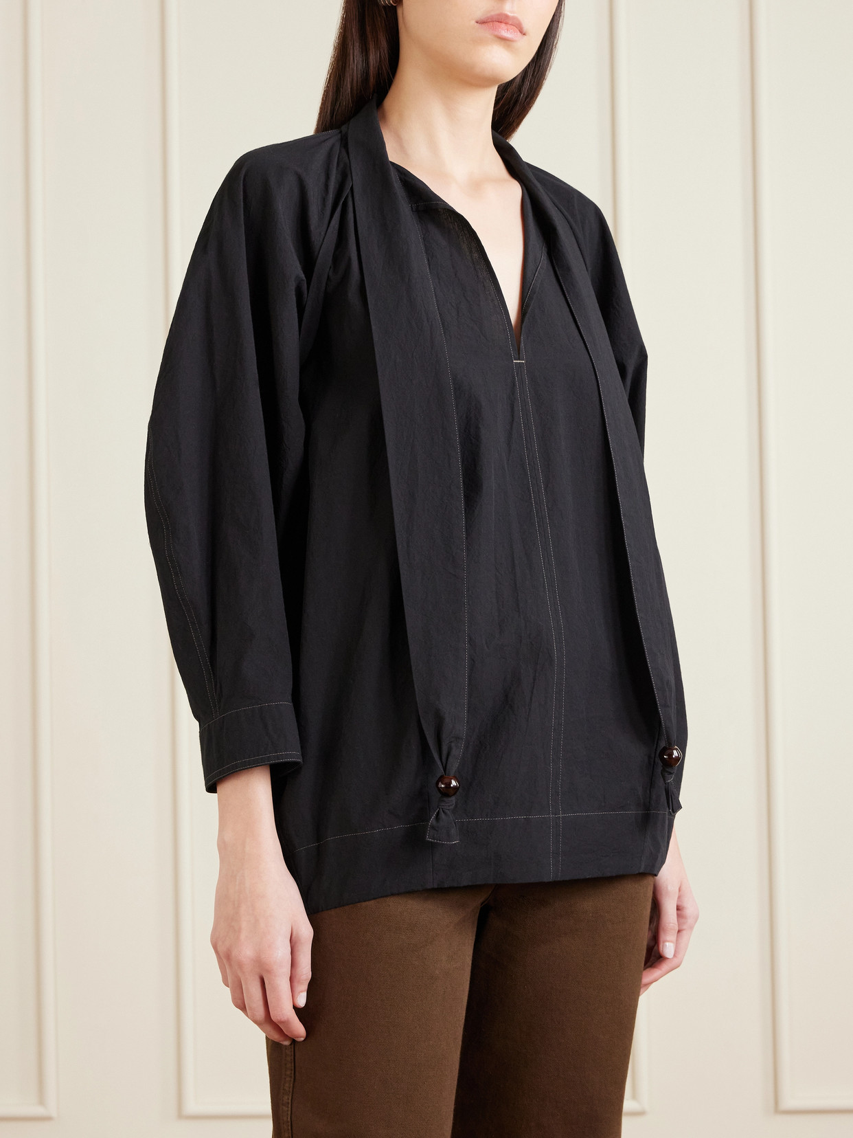 Scarf-Detailed Embellished Crinkled Cotton-Crepe Blouse