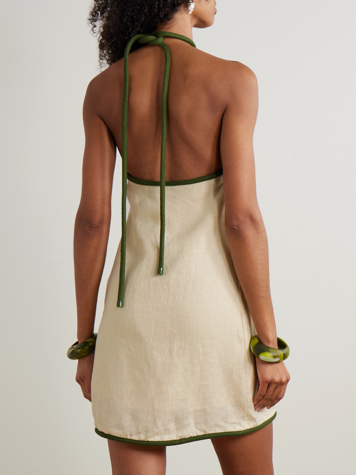 Farm Rio Sand Coconut Embroidery Halter Neck Euroflax Premium Linen Mini Dress In White