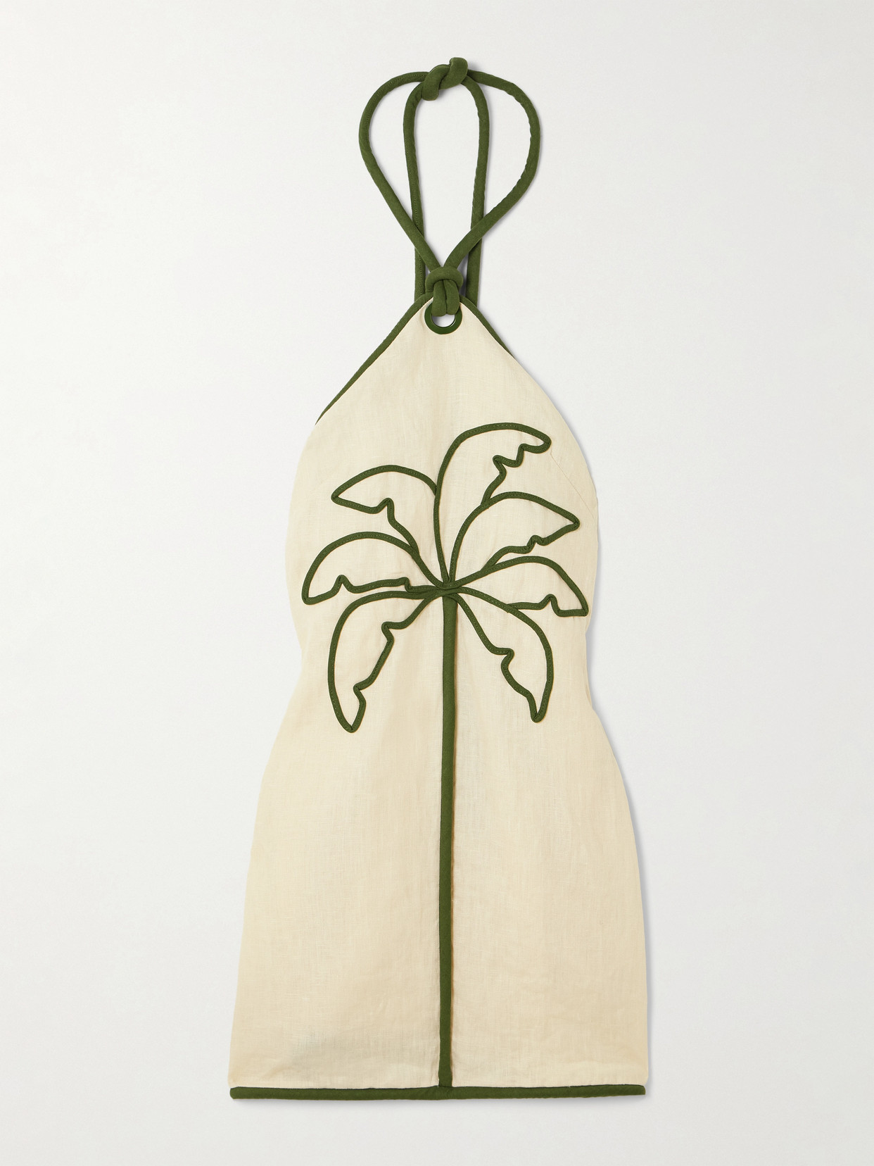 Farm Rio Sand Coconut Embroidery Halter Neck Euroflax Premium Linen Mini Dress In White