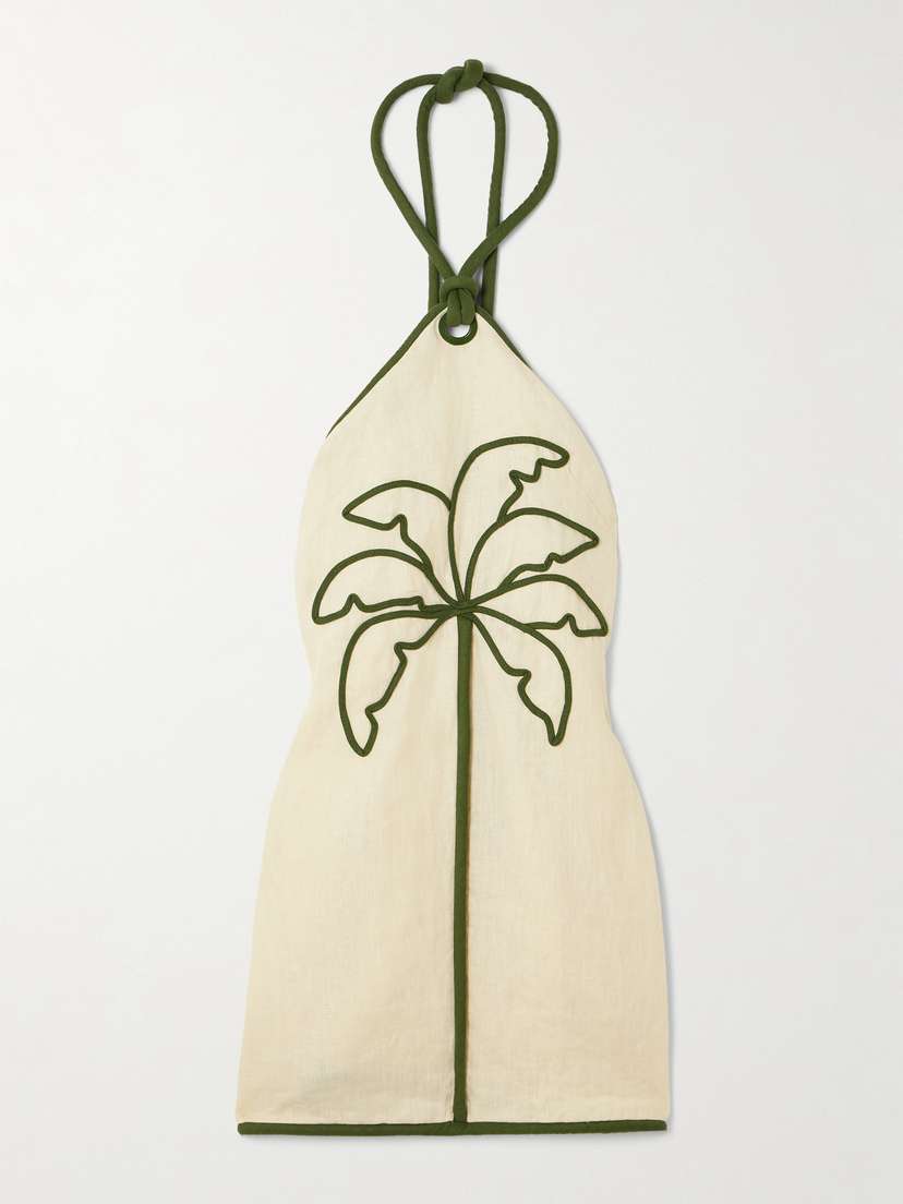 Farm Rio Appliquéd Linen Halterneck Mini Dress
