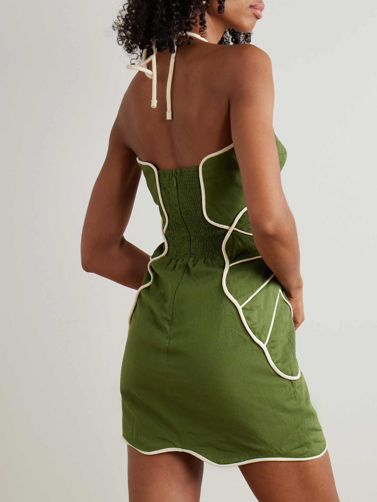 Farm Rio Green Wavy Trim Halter Neck Lenzing Ecovero Euroflax Mini Dress