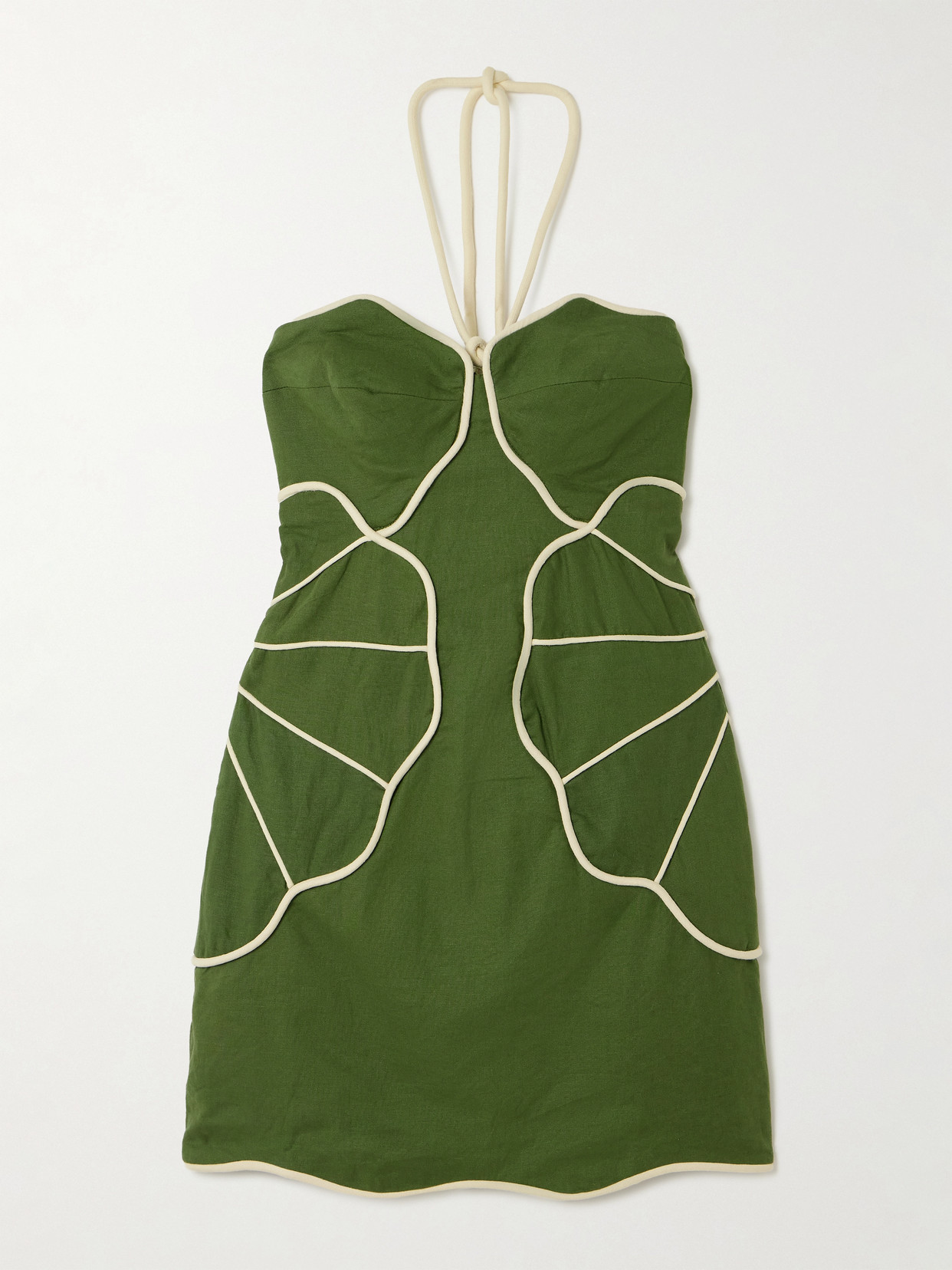 Farm Rio Green Wavy Trim Halter Neck Lenzing Ecovero Euroflax Mini Dress
