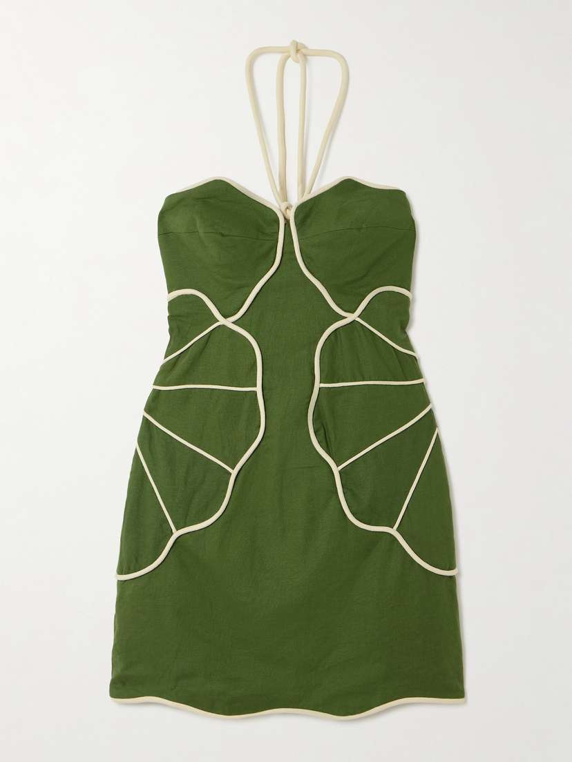 Farm Rio Appliquéd Linen-blend Halterneck Mini Dress