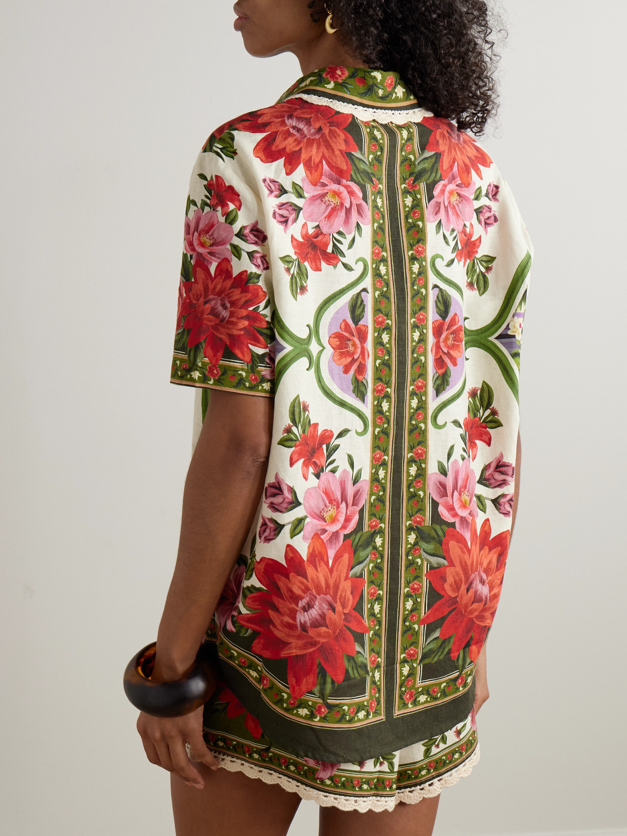 Farm Rio Wonder Multicolor Shirt With Lace Embroidered Classic Collar And All-over Floral Motif In Linen Blen
