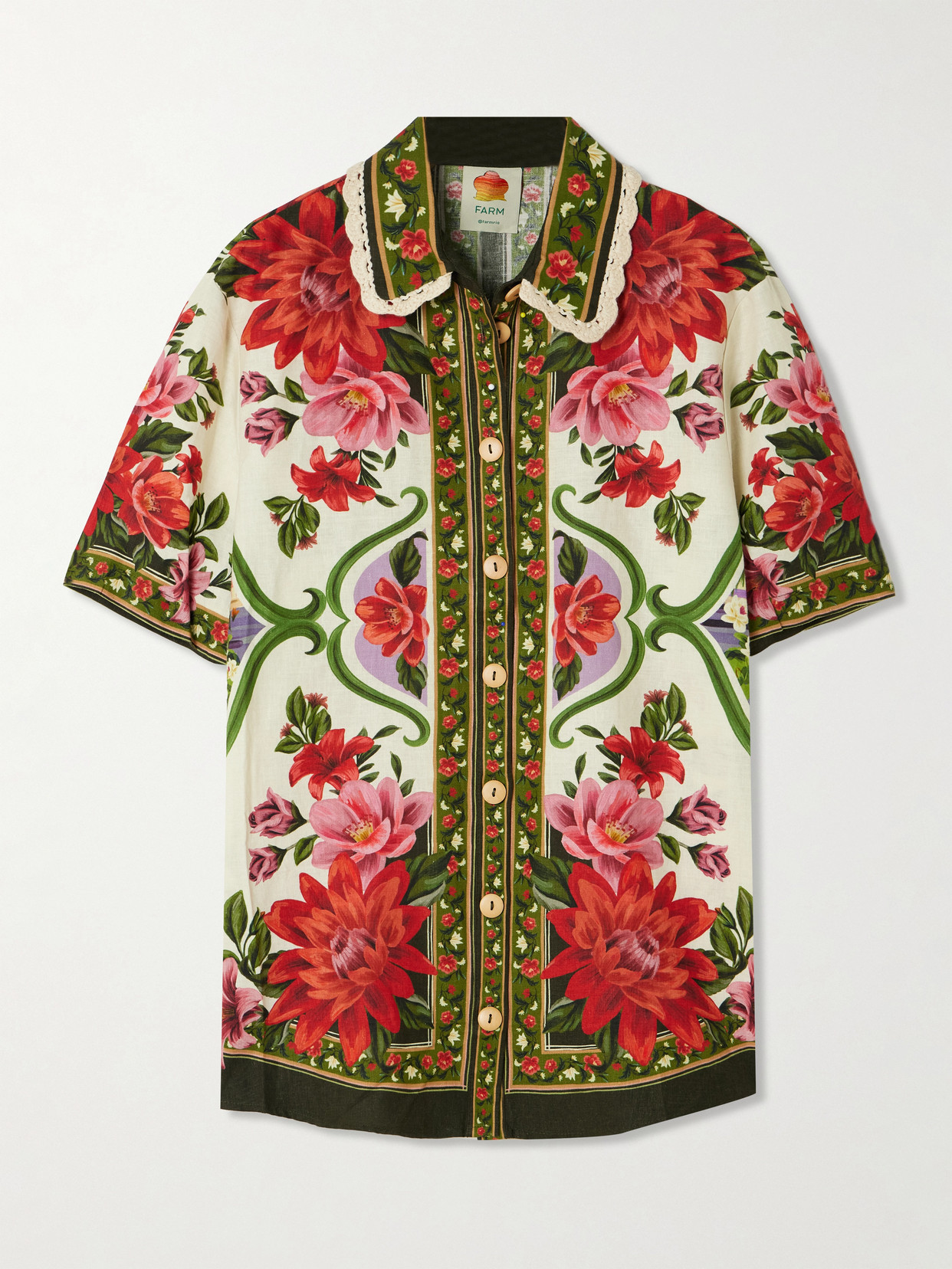 Farm Rio Wonder Multicolor Shirt With Lace Embroidered Classic Collar And All-over Floral Motif In Linen Blen