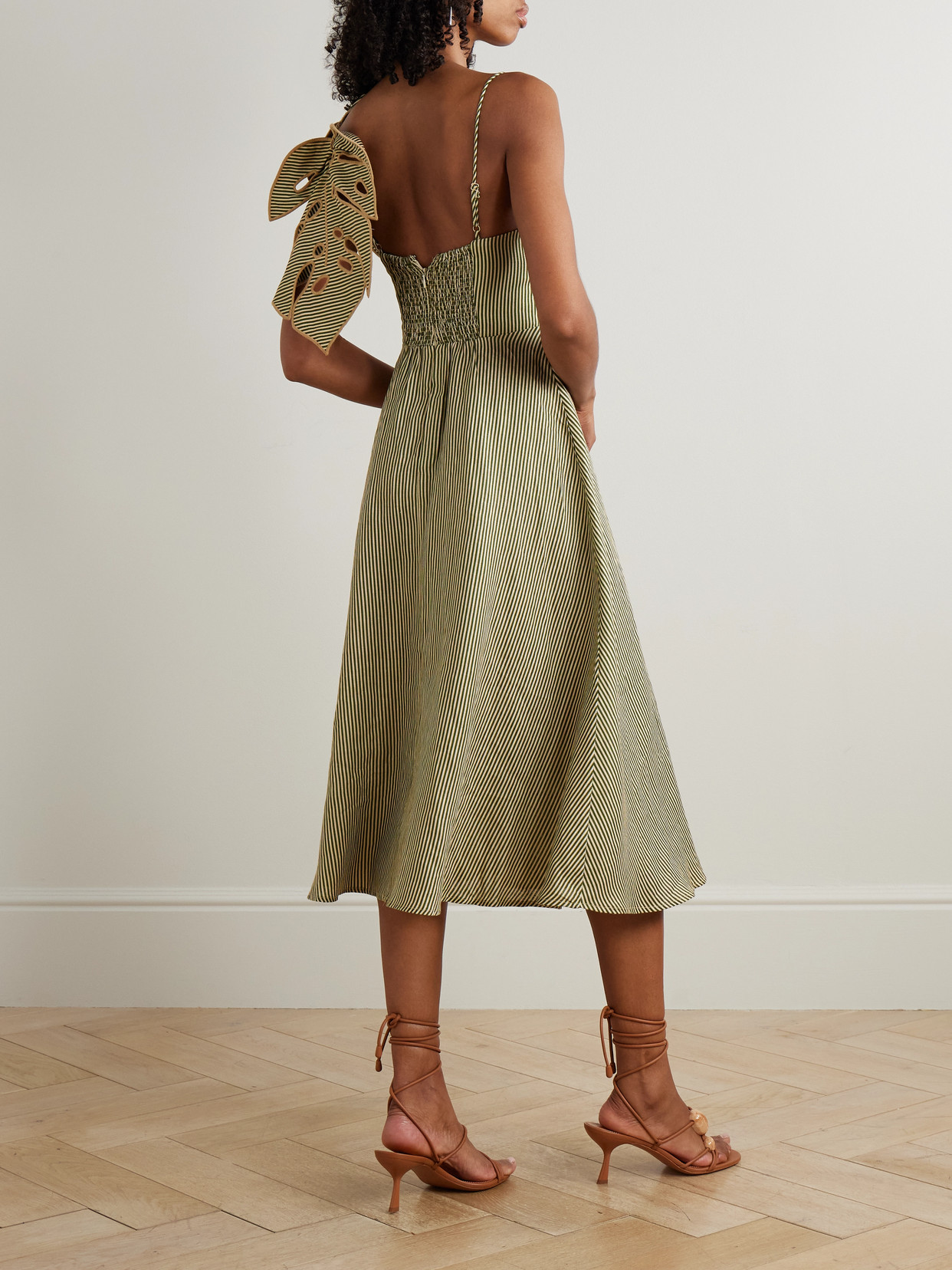 Farm Rio Green Striped 3d Monstera Leaf Euroflax Premium Linen Midi Dress In Neutral