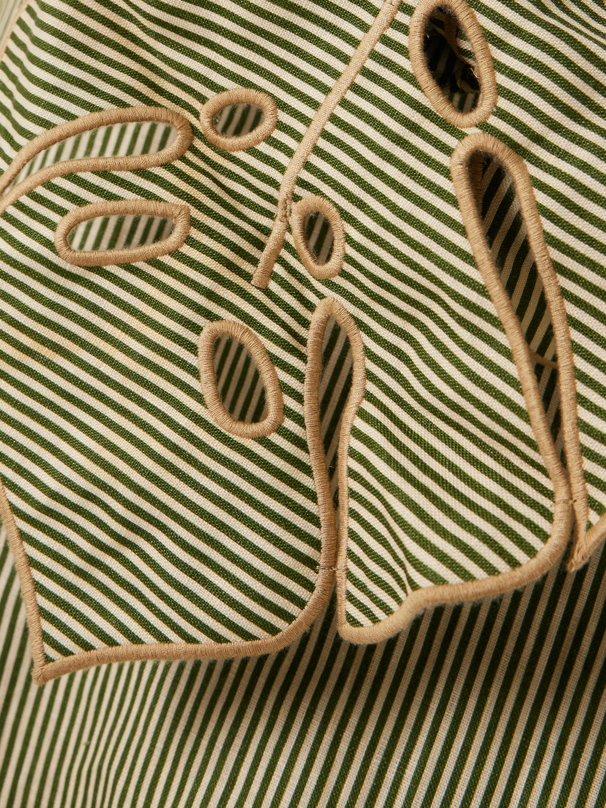 Farm Rio Green Striped 3d Monstera Leaf Euroflax Premium Linen Midi Dress In Neutral