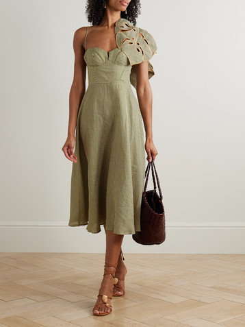 FARM Rio Appliquéd striped linen midi dress