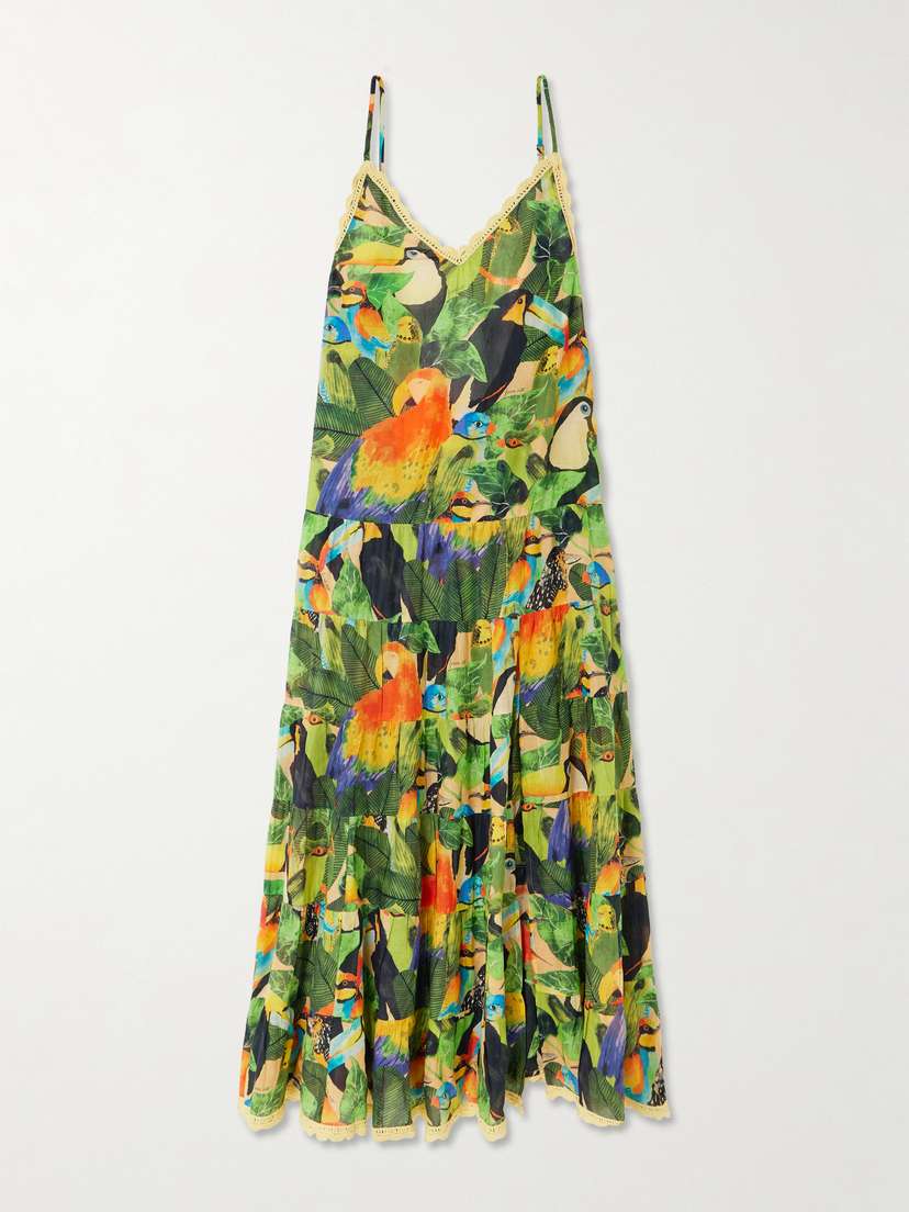 Farm Rio Bird Leaves Crochet-trimmed Tiered Printed Cotton Maxi Dress