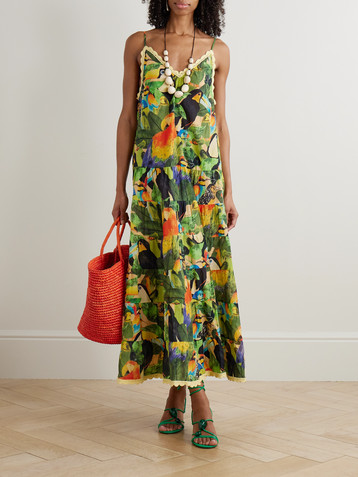 FARM Rio Bird Leaves crochet-trimmed tiered printed cotton maxi dress