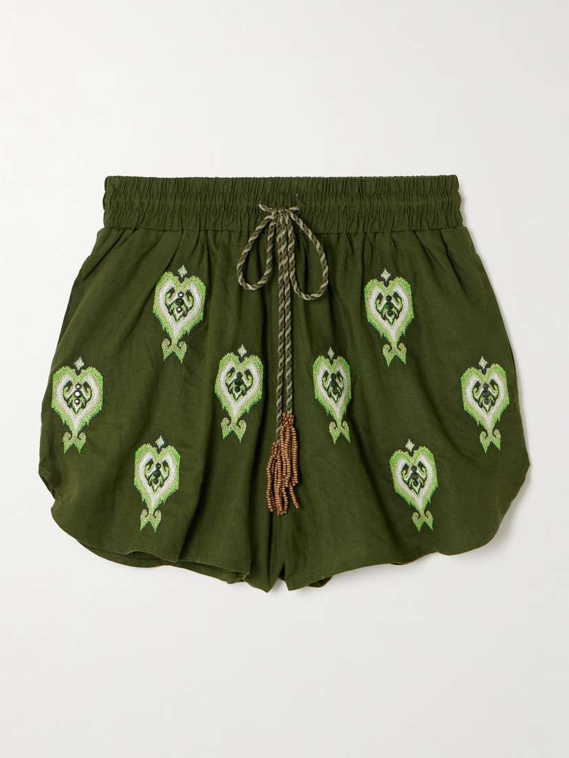 Farm Rio Embellished Embroidered Linen-blend Shorts