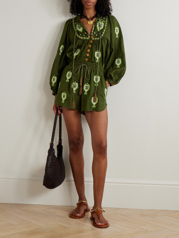 FARM Rio Embellished embroidered linen-blend shorts