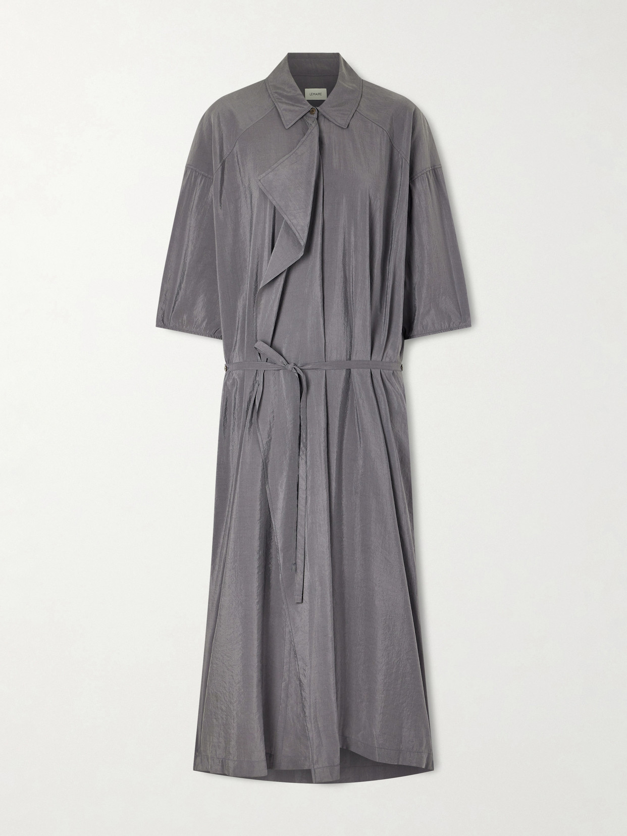 Lemaire Belted Silk-blend Satin Shirt Dress In Gray