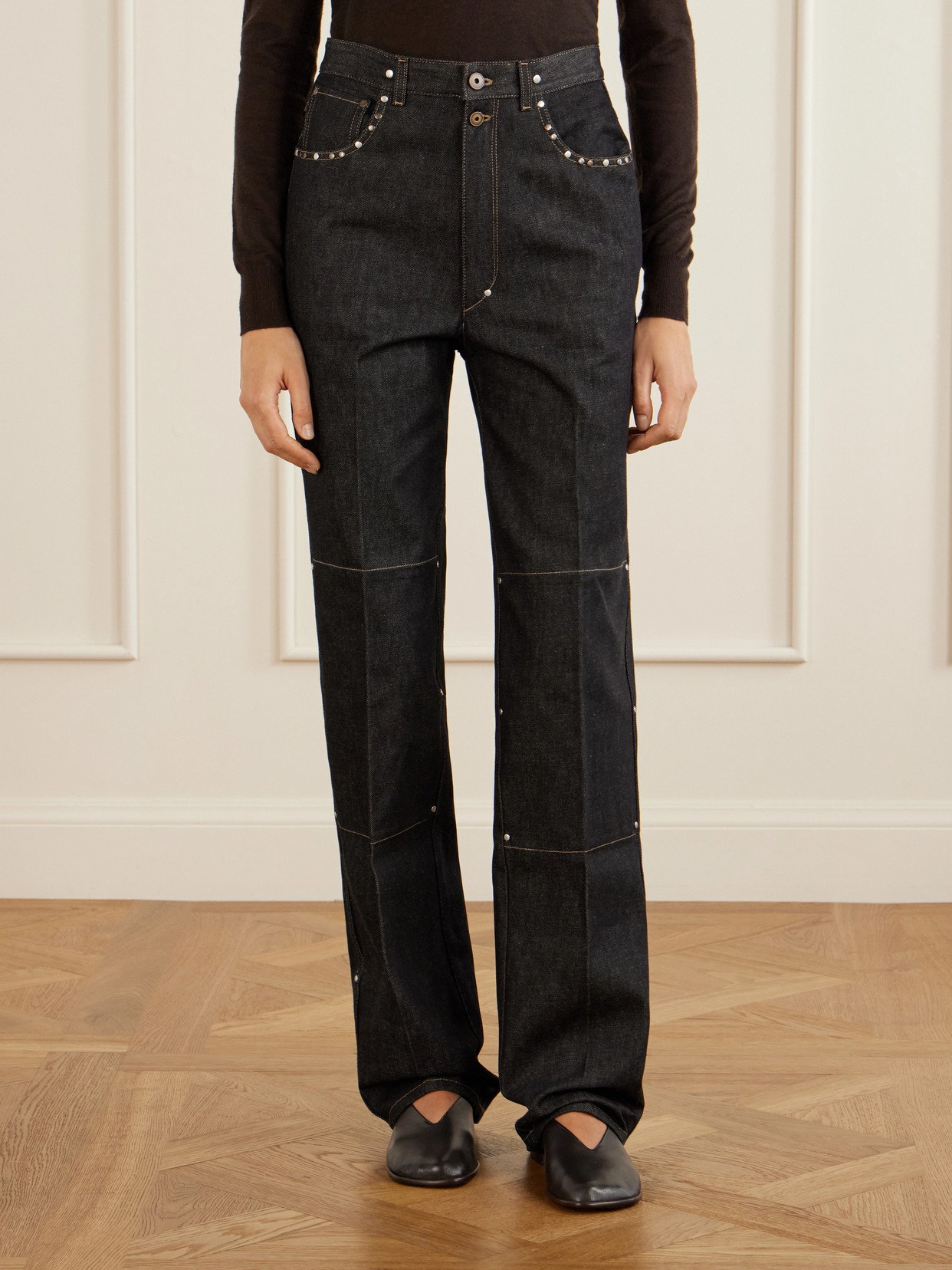 High-Rise Studded Straight-Leg Jeans