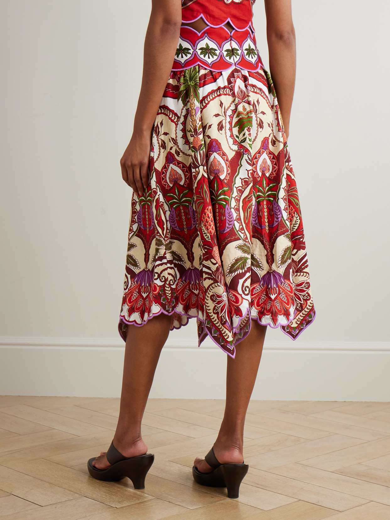 Odara Scalloped Printed Linen-Blend Midi