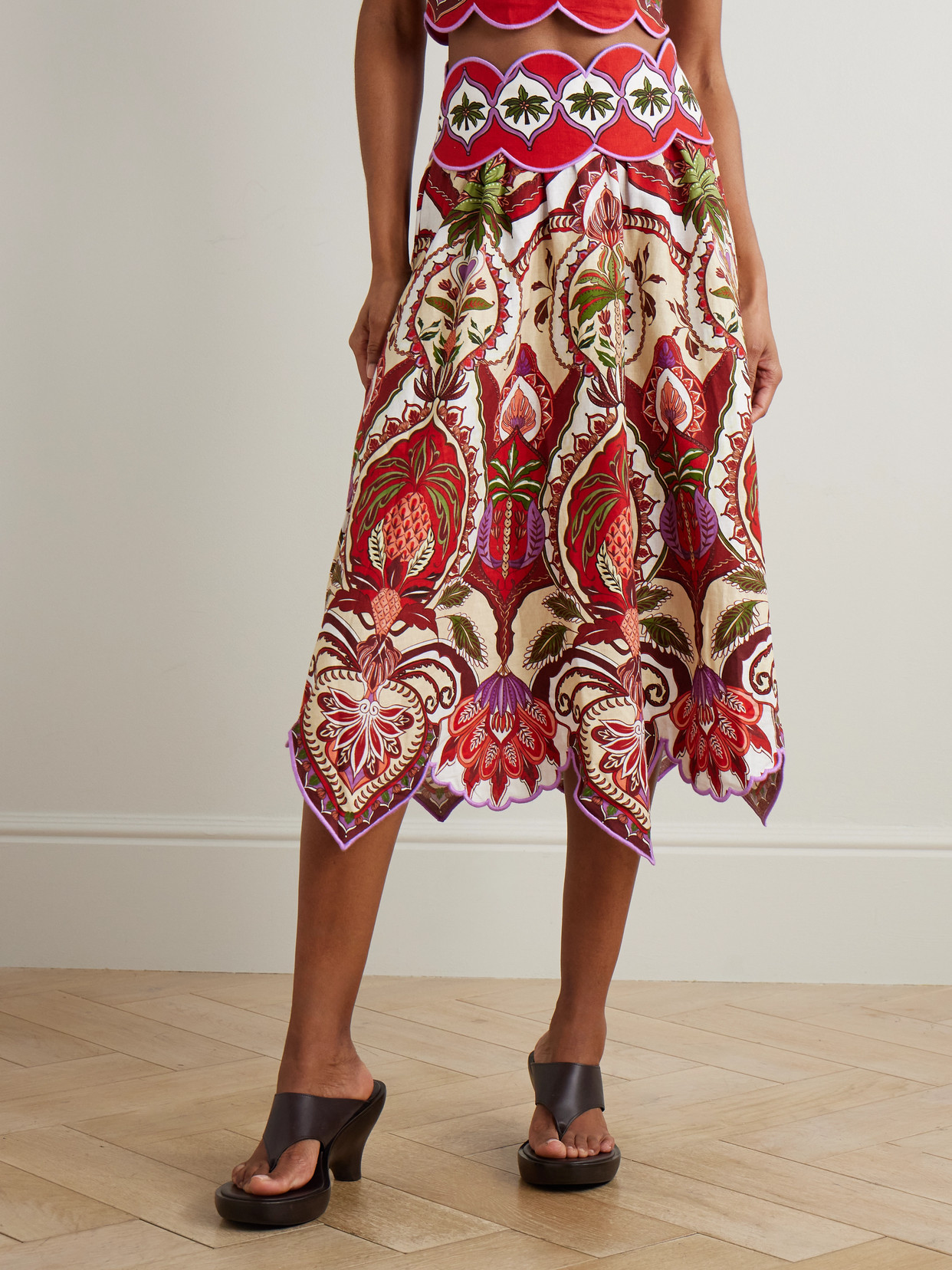 Odara Scalloped Printed Linen-Blend Midi