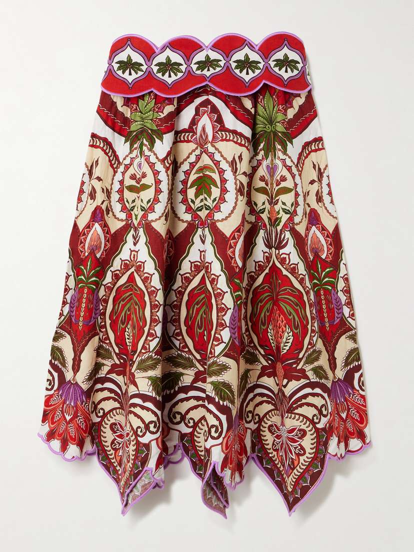 Farm Rio Odara Scalloped Printed Linen-blend Midi Skirt