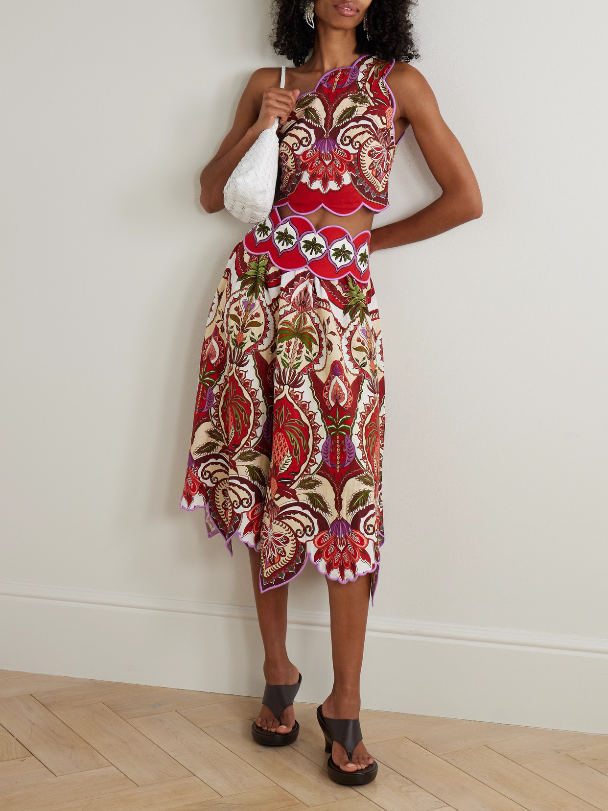 Odara Scalloped Printed Linen-Blend Midi