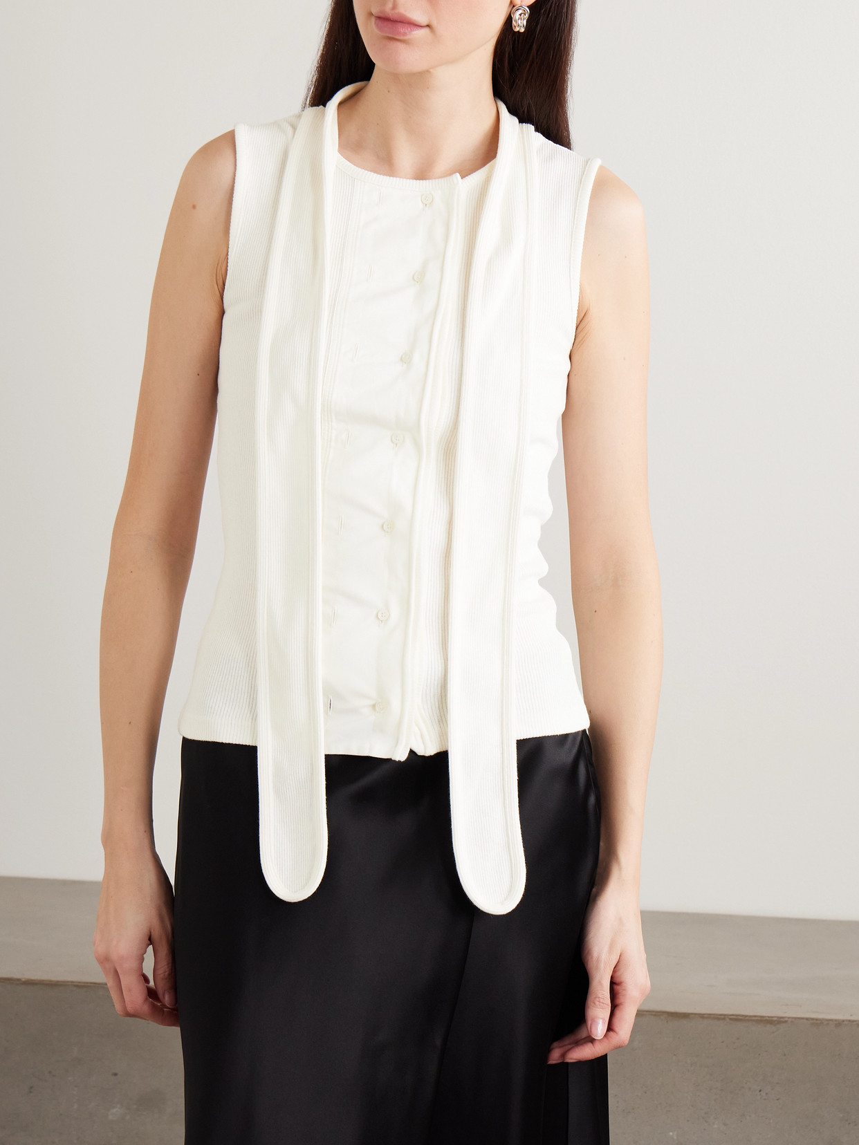 Lemaire Tie-neck Ribbed Stretch-cotton And Linen-blend Jersey Top In White