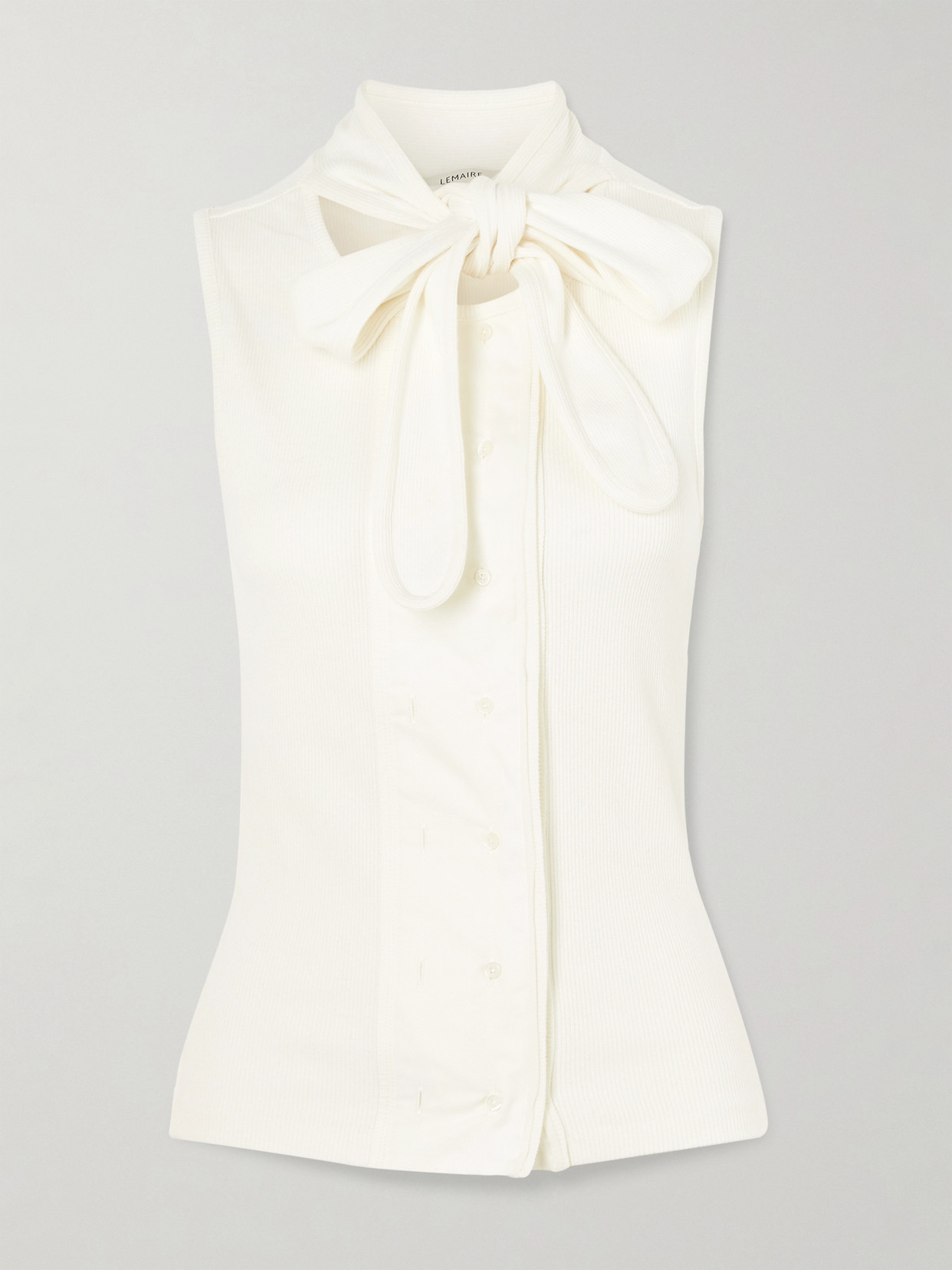 Lemaire Tie-neck Ribbed Stretch-cotton And Linen-blend Jersey Top In White