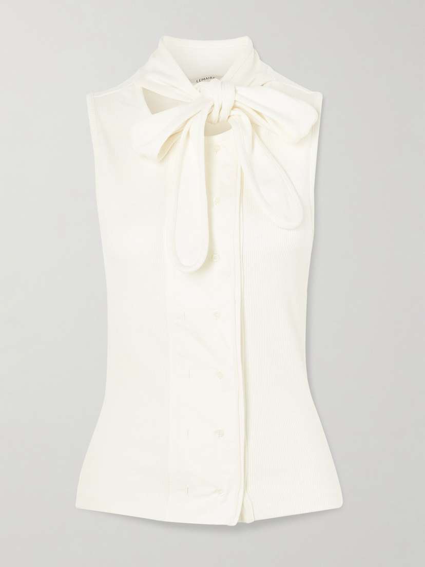 Lemaire Tie-neck Ribbed Stretch-cotton And Linen-blend Jersey Top