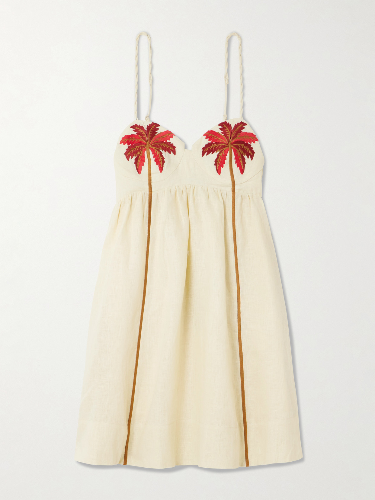 Farm Rio Off-white Coconut Tree Embroidered Euroflax Premium Linen Mini Dress