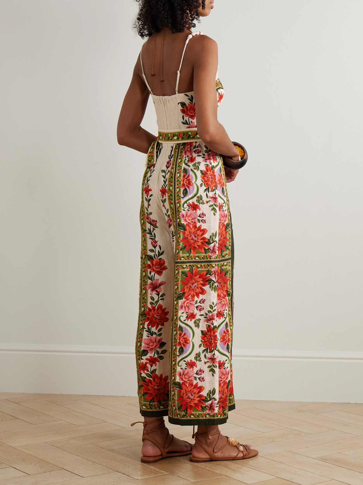 Farm Rio Wonder Rio Belted Embellished Printed Linen Jumpsuit In Multi