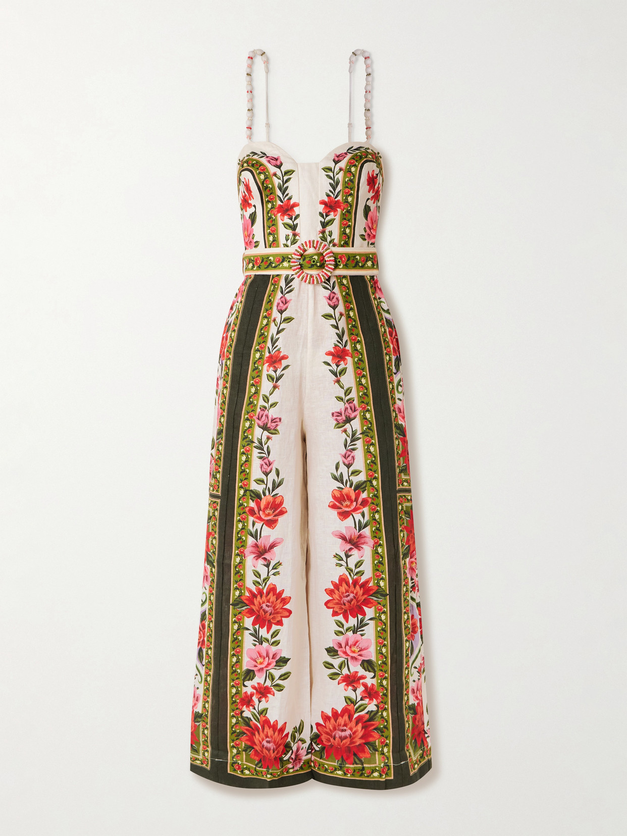 Farm Rio Wonder Rio Belted Embellished Printed Linen Jumpsuit In Multi