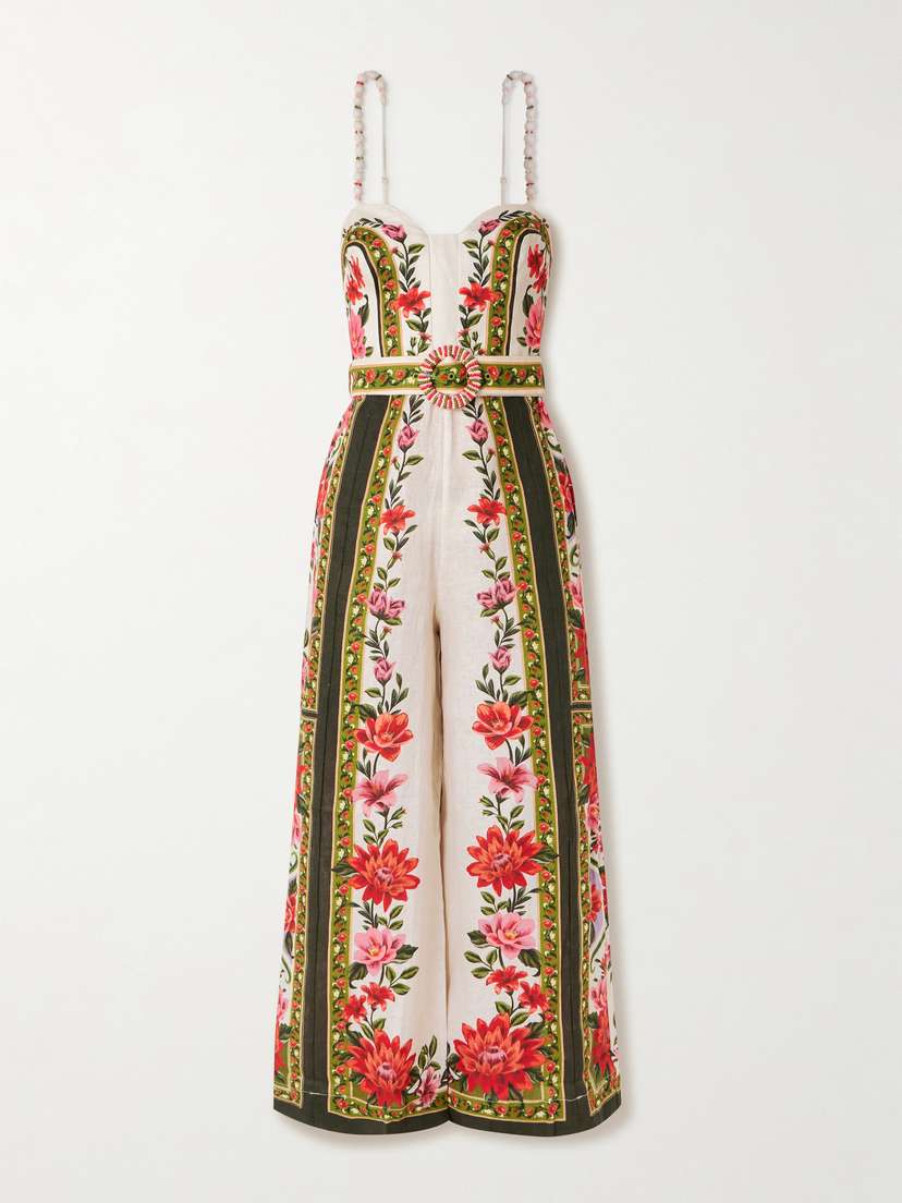 Farm Rio Wonder Rio Belted Embellished Printed Linen Jumpsuit