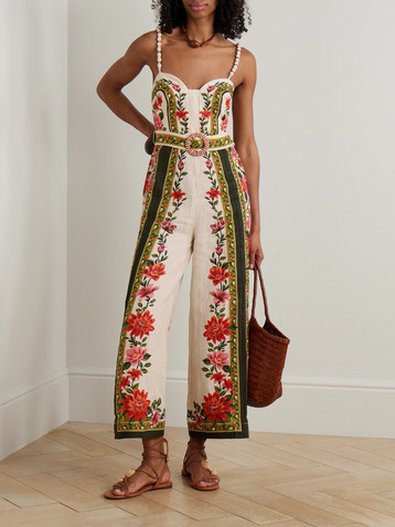 FARM Rio Wonder Rio belted embellished printed linen jumpsuit