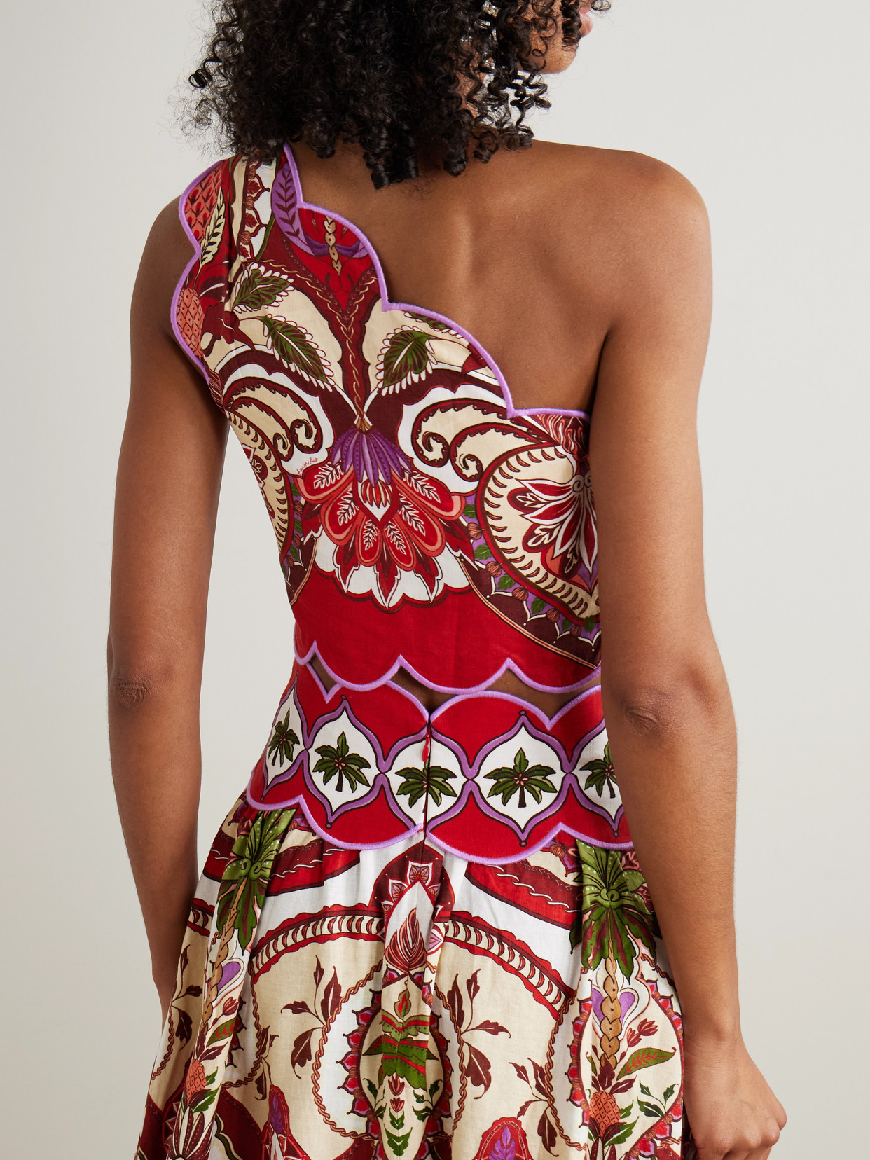 Farm Rio Odara One-shoulder Scalloped Printed Linen-blend Top In Multi