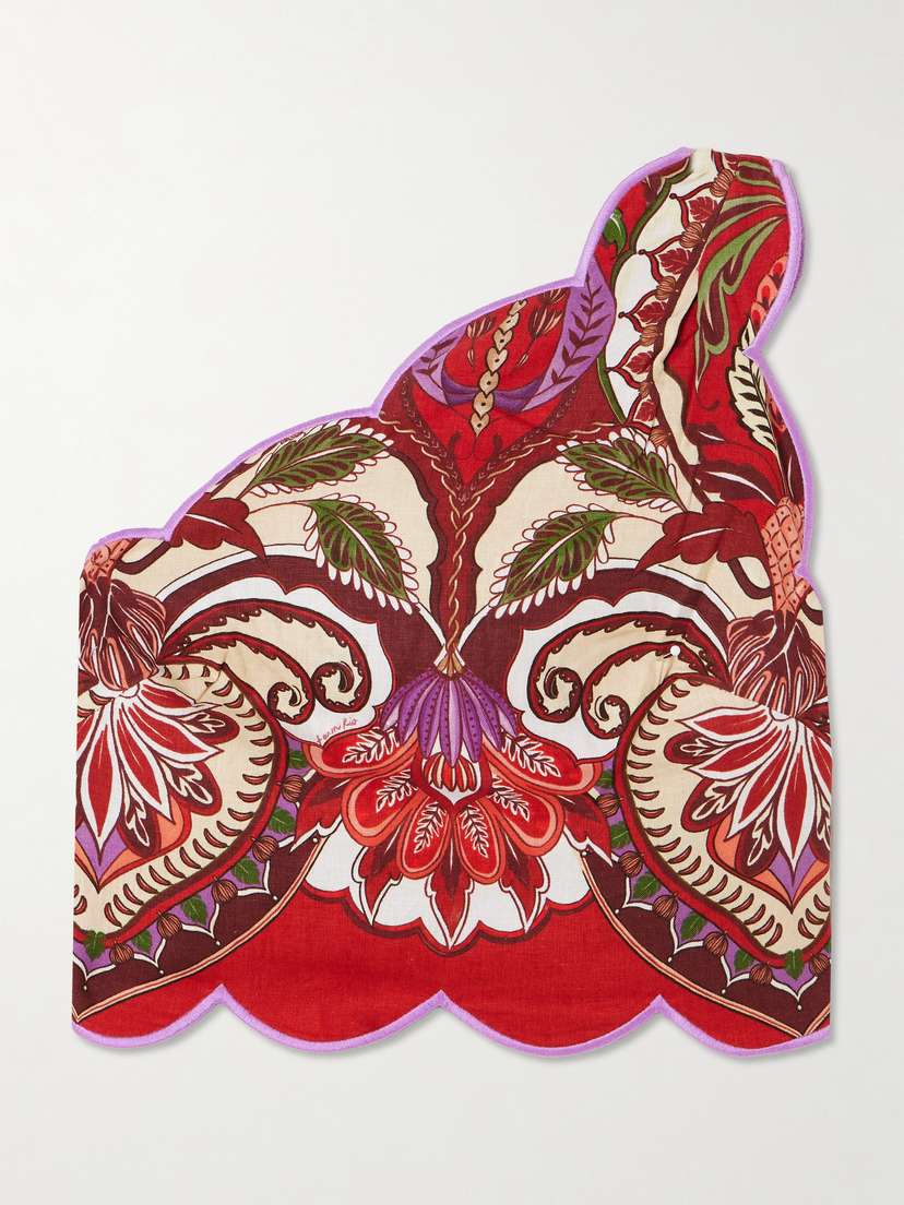 Farm Rio Odara One-shoulder Scalloped Printed Linen-blend Top